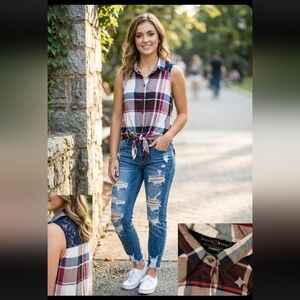 Plaid Sleeveless Button-Up Top